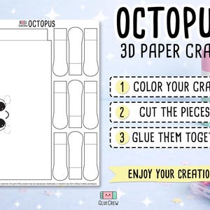 Puede incluir: Kit de manualidades de papel blanco con un dise&ntilde;o de pulpo. El kit incluye instrucciones para colorear, cortar y pegar las piezas. El texto de la imagen dice "OCTOPUS 3D PAPER CRAFT".
