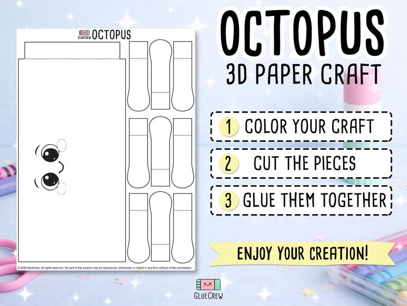 Puede incluir: Kit de manualidades de papel blanco con un dise&ntilde;o de pulpo. El kit incluye instrucciones para colorear, cortar y pegar las piezas. El texto de la imagen dice "OCTOPUS 3D PAPER CRAFT".