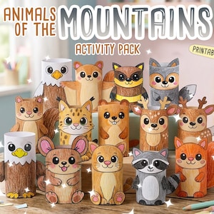 Puede incluir: Una colecci&oacute;n de manualidades hechas con tubos de papel que representan varios animales de monta&ntilde;a, incluyendo un &aacute;guila, ardilla, mapache, lince y ciervo. El texto dice ANIMALS OF THE MOUNTAINS ACTIVITY PACK y PRINTABLE PDF.