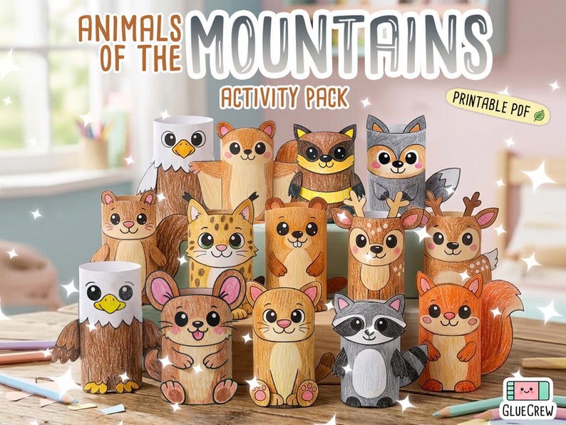 Puede incluir: Una colecci&oacute;n de manualidades hechas con tubos de papel que representan varios animales de monta&ntilde;a, incluyendo un &aacute;guila, ardilla, mapache, lince y ciervo. El texto dice ANIMALS OF THE MOUNTAINS ACTIVITY PACK y PRINTABLE PDF.