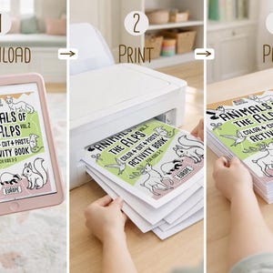 Three-step guide showing how it works: download the “Animals of the Alps Vol. 2” PDF on a tablet, print the pages from a home printer, then stack and play with the printed activity book.