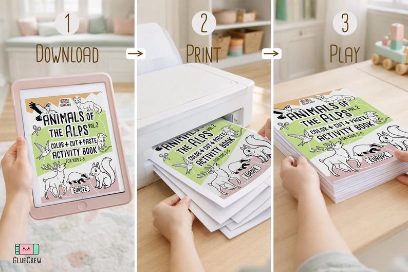 Three-step guide showing how it works: download the “Animals of the Alps Vol. 2” PDF on a tablet, print the pages from a home printer, then stack and play with the printed activity book.
