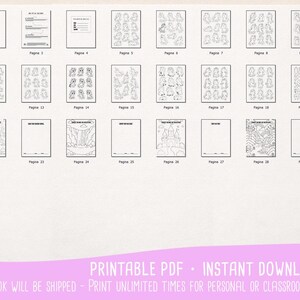 May include: A set of printable unicorn-themed colouring pages, each with a unique design and numbered sequentially. The image includes a cover page and pages with various unicorn illustrations. Text at the bottom states "Printable PDF - Instant Download".
