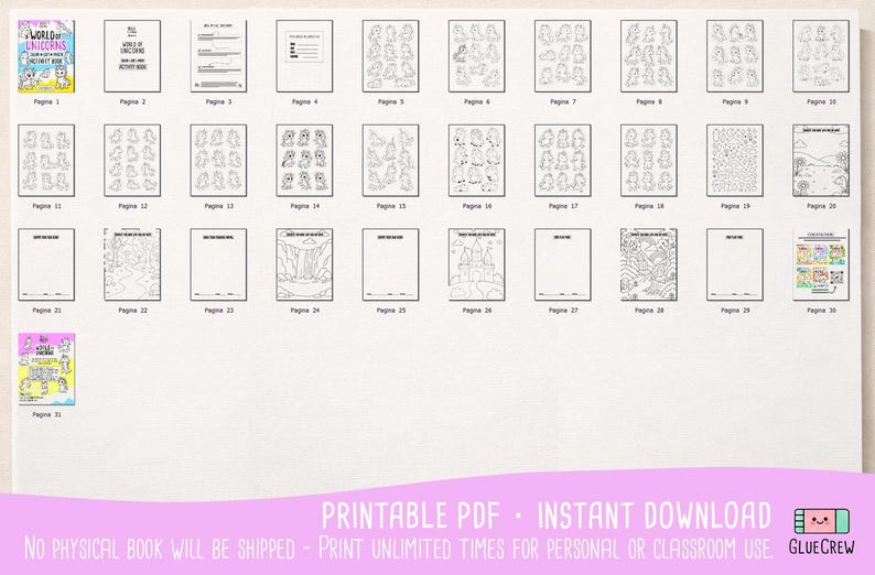 May include: A set of printable unicorn-themed colouring pages, each with a unique design and numbered sequentially. The image includes a cover page and pages with various unicorn illustrations. Text at the bottom states "Printable PDF - Instant Download".
