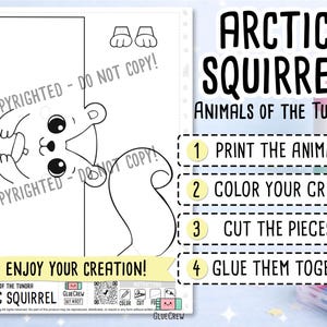 以下が含まれることがあります： 北極リス、ツンドラの動物たちが描かれた白黒の印刷用クラフトシート。ページには以下の手順が記載されています：1 動物を印刷する、2 クラフトに色を塗る、3 パーツを切り取る、4 それらを貼り合わせる。テキストには「Enjoy your creation」と書かれています。