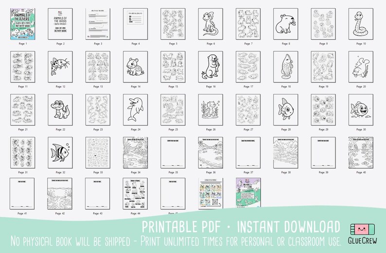 Puede incluir: Una colecci&oacute;n de p&aacute;ginas para colorear imprimibles con varios animales y escenas acu&aacute;ticas. Las p&aacute;ginas son dibujos lineales en blanco y negro, perfectos para actividades infantiles. El texto "Animals of the Rivers" es visible.