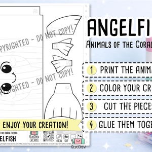 Pu&ograve; includere: Un modello di carta stampabile per un pesce angelo, con contorni neri su carta bianca. Il foglio include parti del corpo, pinne e istruzioni: 1 PRINT THE ANIMALS, 2 COLOR YOUR CRAFT, 3 CUT THE PIECES, 4 GLUE THEM TOGETHER. Il testo riporta ANGELFISH.