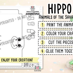 K&ouml;nnte beinhalten: Eine druckbare Nilpferd-Bastelvorlage aus der Sammlung "Tiere der Savanne". Das Schwarz-Wei&szlig;-Design enth&auml;lt Anweisungen: drucken, ausmalen, ausschneiden und kleben. Der Text "Enjoy Your Creation!" ist ebenfalls enthalten.