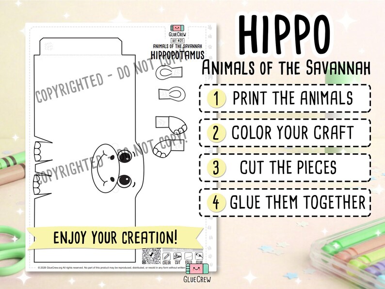 K&ouml;nnte beinhalten: Eine druckbare Nilpferd-Bastelvorlage aus der Sammlung "Tiere der Savanne". Das Schwarz-Wei&szlig;-Design enth&auml;lt Anweisungen: drucken, ausmalen, ausschneiden und kleben. Der Text "Enjoy Your Creation!" ist ebenfalls enthalten.