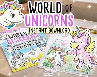 Unicorns Activity Book for Kids (Color Cut Paste) Preschool Printable Busy Book for School Class and Home Schooling (Instant Download)