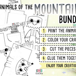 Puede incluir: Un paquete de manualidades imprimible titulado Animals of the Mountains con dibujos de l&iacute;neas en blanco y negro de un &aacute;guila calva, una ardilla voladora y un lince. El documento incluye cuatro pasos numerados: imprimir, colorear, cortar y pegar.