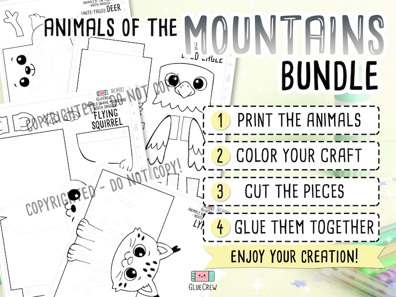 Puede incluir: Un paquete de manualidades imprimible titulado Animals of the Mountains con dibujos de l&iacute;neas en blanco y negro de un &aacute;guila calva, una ardilla voladora y un lince. El documento incluye cuatro pasos numerados: imprimir, colorear, cortar y pegar.