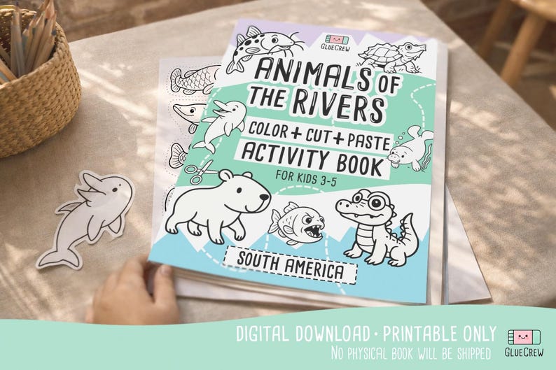 Puede incluir: Un libro de actividades infantiles titulado "Animales de los r&iacute;os" con ilustraciones de animales de r&iacute;o. El libro incluye el texto "Color + Corta + Pega Libro de actividades Para ni&ntilde;os 3-5" y "Sudam&eacute;rica". Un delf&iacute;n recortado est&aacute; al lado.
