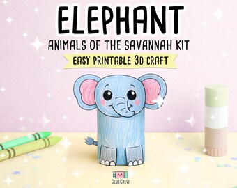 Olifant papier ambachtelijke afdrukbaar, 3D-doe-het-zelfpakket voor kinderen, lachend Afrikaans dierenthema Educatieve activiteit voor peuters en lesgeven op de basisschool