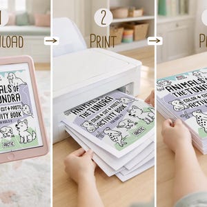 May include: A three-step process: Download, Print, and Play. The image shows a pink tablet displaying an "Animals of the Tundra" activity book, followed by a printer printing the book, and finally, the printed book ready to play.