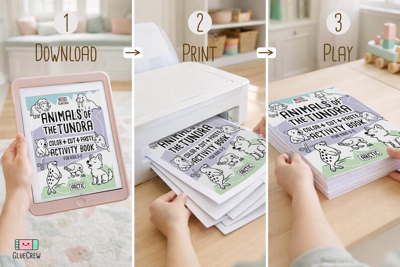 May include: A three-step process: Download, Print, and Play. The image shows a pink tablet displaying an "Animals of the Tundra" activity book, followed by a printer printing the book, and finally, the printed book ready to play.