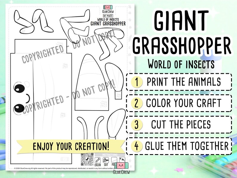Giant Grasshopper 3D Paper Craft Kit, Easy Printable Kids Craft for Educational DIY Preschool Activity - Insect Unit for learning with fun bild 2