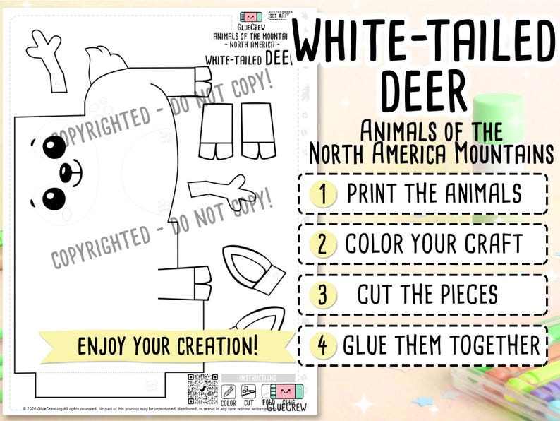 White-tailed Deer Printable Craft for Kids | Printable Kids Paper Craft Activity | North American Mountains | Preschool Fine Motor Habitat imagen 2