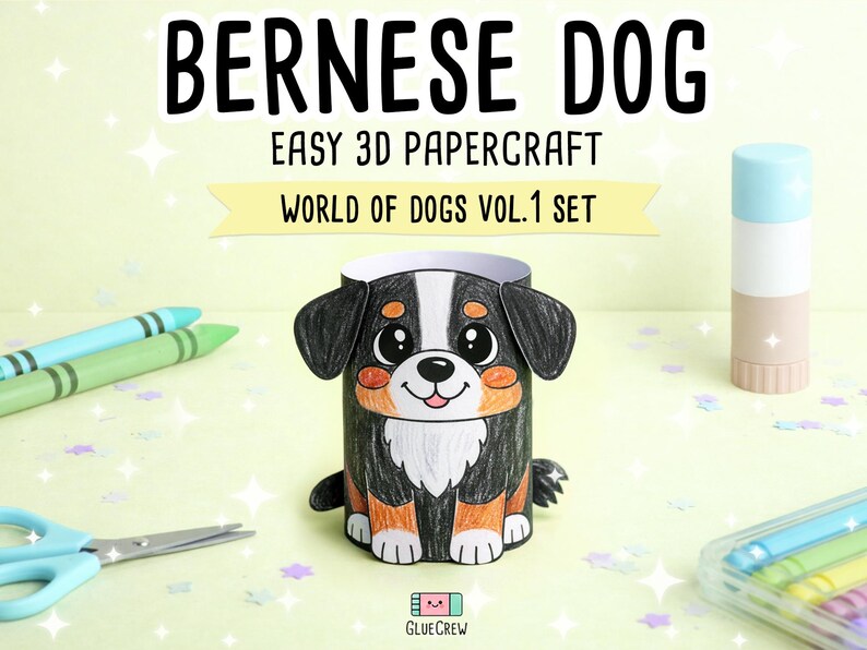May include: A 3D papercraft Bernese dog figure featuring black, white, and tan coloring. The text reads "BERNESE DOG", "EASY 3D PAPERCRAFT", "WORLD OF DOGS VOL.1 SET", and "GLUECREW". The paper dog has large eyes, floppy ears, and a tail.
