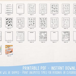 May include: A collection of printable dog-themed activity pages, including coloring pages and puzzles. The pages feature various dog breeds and activities. The words "PRINTABLE PDF - INSTANT DOWNLOAD" are at the bottom.
