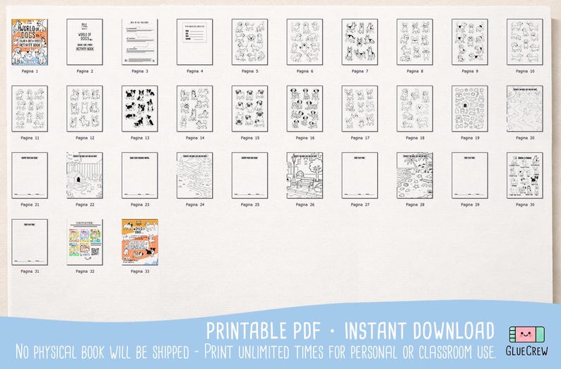 May include: A collection of printable dog-themed activity pages, including coloring pages and puzzles. The pages feature various dog breeds and activities. The words "PRINTABLE PDF - INSTANT DOWNLOAD" are at the bottom.