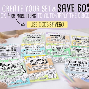 May include: A collection of children's activity books featuring various animal habitats, including the tundra, desert, and jungle. Each book has a colorful cover with illustrations and the text "Color + Cut + Paste Activity Book". The image also includes the text "Create Your Set & Save 60%" and "Use Code: SAVE60".