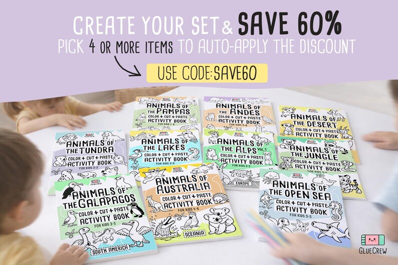 May include: A collection of children's activity books featuring various animal habitats, including the tundra, desert, and jungle. Each book has a colorful cover with illustrations and the text "Color + Cut + Paste Activity Book". The image also includes the text "Create Your Set & Save 60%" and "Use Code: SAVE60".