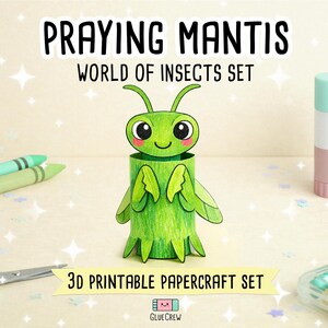 PRAYING MANTIS 3D Paper Craft Kit, Easy Printable Kids Craft for Educational DIY Preschool Activity - Insect Unit for learning image 1