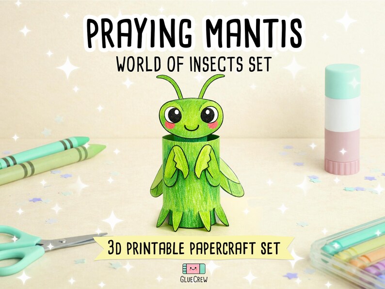 PRAYING MANTIS 3D Paper Craft Kit, Easy Printable Kids Craft for Educational DIY Preschool Activity - Insect Unit for learning image 1