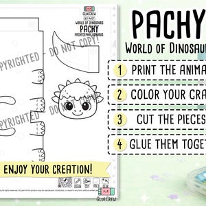 May include: A black and white printable craft sheet featuring a Pachycephalosaurus dinosaur template. The page includes a dinosaur head, body, and tail outline, with instructions: 1 Print the animals, 2 Color your craft, 3 Cut the pieces, 4 Glue them together.