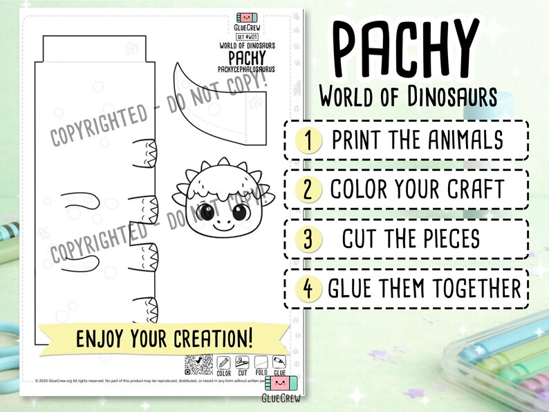 May include: A black and white printable craft sheet featuring a Pachycephalosaurus dinosaur template. The page includes a dinosaur head, body, and tail outline, with instructions: 1 Print the animals, 2 Color your craft, 3 Cut the pieces, 4 Glue them together.