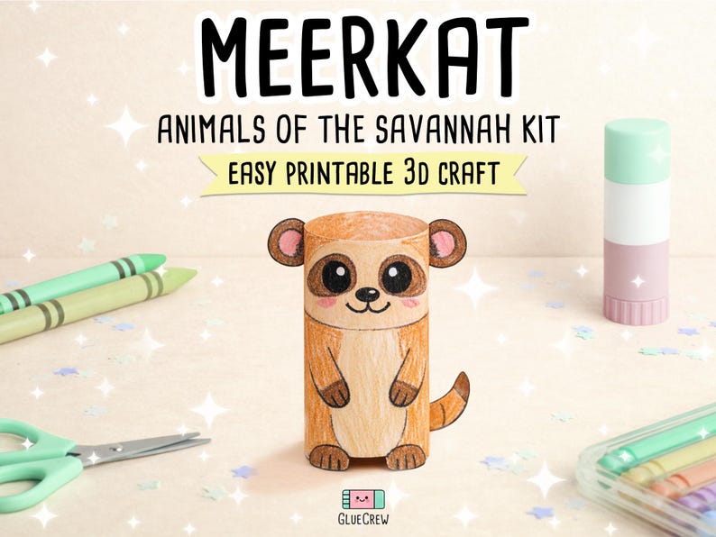 K&ouml;nnte beinhalten: Ein Bastelset f&uuml;r einen druckbaren 3D-Erdm&auml;nnchen. Das Erdm&auml;nnchen ist braun und hellbraun mit gro&szlig;en Augen und einem kleinen Schwanz dargestellt. Der Text "MEERKAT" und "ANIMALS OF THE SAVANNAH KIT" stehen oben. Weiteres Bastelzubeh&ouml;r ist ebenfalls sichtbar.