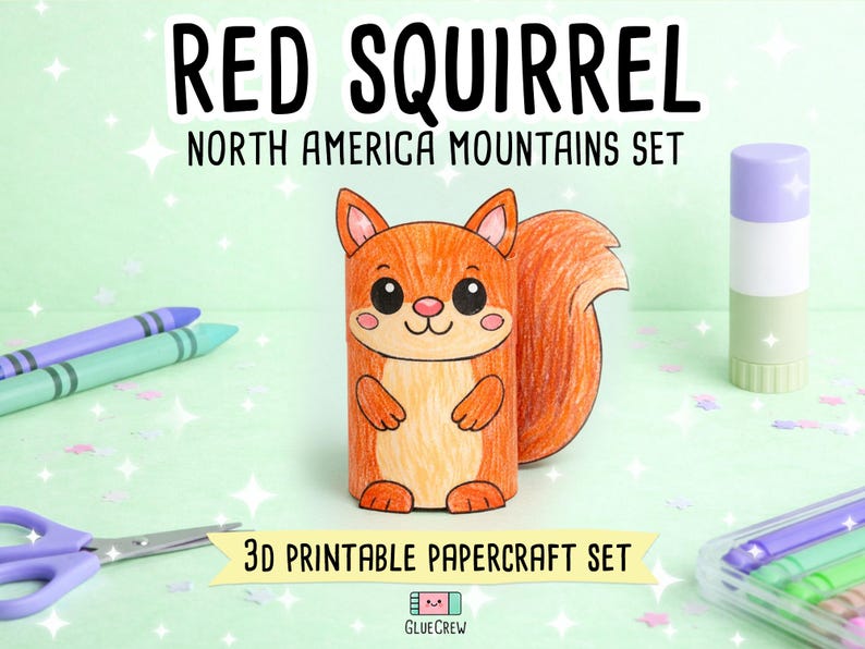 Puede incluir: Una figura de ardilla de papel en 3D coloreada en tonos naranja y beige con una gran cola tupida. El texto RED SQUIRREL NORTH AMERICA MOUNTAINS SET y 3D PRINTABLE PAPERCRAFT SET es visible junto con un peque&ntilde;o logo GLUE CREW abajo.