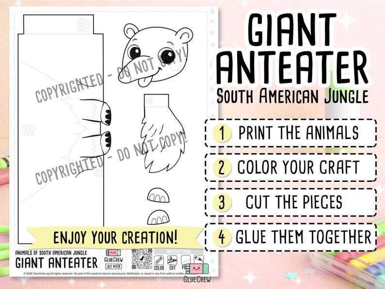 Giant Anteater DIY Printable Paper Craft | 3D Printable DIY Craft for Kids | Amazon Jungle Habitat | Preschool Classroom Homeschool Activity image 2
