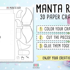 Peut inclure: Un kit de bricolage en papier blanc avec le texte "MANTA RAY 3D PAPER CRAFT". Le kit comprend des instructions pour colorier, d&eacute;couper et coller les pi&egrave;ces. Les &eacute;tapes sont num&eacute;rot&eacute;es 1, 2 et 3. Le kit est con&ccedil;u pour le bricolage.