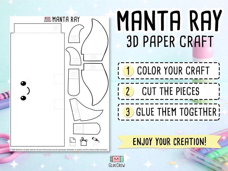 Peut inclure: Un kit de bricolage en papier blanc avec le texte "MANTA RAY 3D PAPER CRAFT". Le kit comprend des instructions pour colorier, d&eacute;couper et coller les pi&egrave;ces. Les &eacute;tapes sont num&eacute;rot&eacute;es 1, 2 et 3. Le kit est con&ccedil;u pour le bricolage.