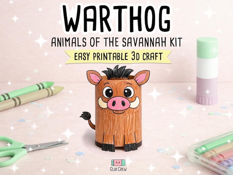 K&ouml;nnte beinhalten: Ein Bastelset mit einem Cartoon-Warzenschwein aus einer Papprolle. Das Bild enth&auml;lt Buntstifte, eine Schere und Klebstoff. Der Text lautet "WARTHOG ANIMALS OF THE SAVANNAH KIT EASY PRINTABLE 3D CRAFT".