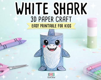 White Shark 3D Paper Craft Printable, DIY Kit for Kids, Cartoon Style Ocean Theme with Friendly Expression and Easy Assembly