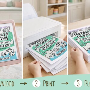 Puede incluir: Una serie de tres im&aacute;genes que muestran los pasos para crear un libro de actividades. El libro se titula "Animals of the Rivers" y presenta ilustraciones de animales de r&iacute;o. Los pasos son descargar, imprimir y jugar.