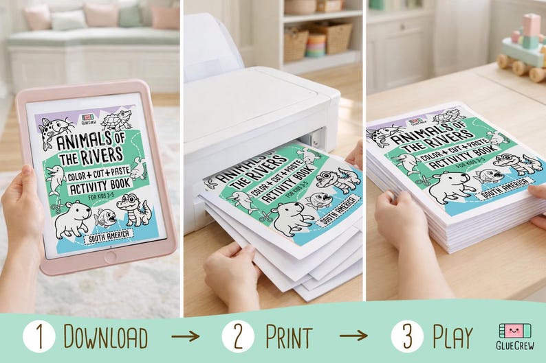 Puede incluir: Una serie de tres im&aacute;genes que muestran los pasos para crear un libro de actividades. El libro se titula "Animals of the Rivers" y presenta ilustraciones de animales de r&iacute;o. Los pasos son descargar, imprimir y jugar.
