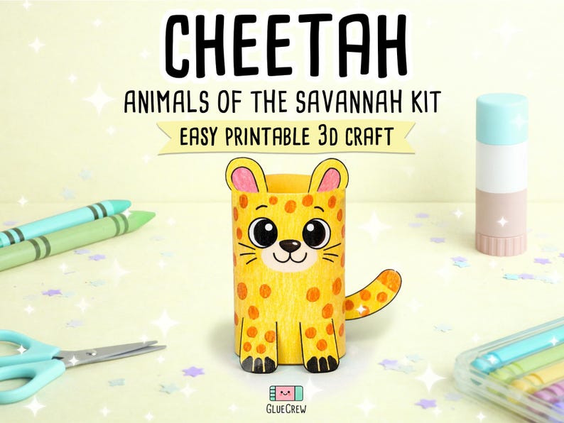 K&ouml;nnte beinhalten: Ein gelb-oranges Geparden-Bastelprojekt aus Papier, Teil eines "Savannen-Tiere-Bausatzes". Das Bild enth&auml;lt Buntstifte, eine Schere und Kleber. Der Text lautet "Cheetah, Animals of the Savannah Kit, Easy Printable 3D Craft".