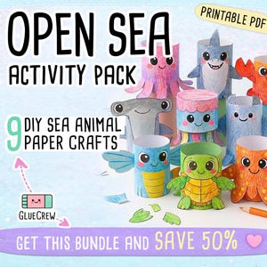 Puede incluir: Imagen colorida que muestra nueve manualidades de papel de animales marinos, incluyendo un tiburón, un pulpo y una tortuga. Se muestran las palabras "Open Sea Activity Pack" y "Printable PDF". También es visible el texto "Get this bundle and save 50%".