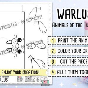 Op de afbeelding: Een zwart-wit printbaar knutselblad met de titel WARLUS ANIMALS OF THE TUNDRA. Het bevat contouren van een walruslichaam, vinnen en gezichtsdelen om uit te knippen. Instructies: 1 PRINT THE ANIMALS, 2 COLOR YOUR CRAFT, 3 CUT THE PIECES, 4 GLUE THEM TOGETHER.