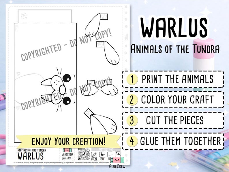 Op de afbeelding: Een zwart-wit printbaar knutselblad met de titel WARLUS ANIMALS OF THE TUNDRA. Het bevat contouren van een walruslichaam, vinnen en gezichtsdelen om uit te knippen. Instructies: 1 PRINT THE ANIMALS, 2 COLOR YOUR CRAFT, 3 CUT THE PIECES, 4 GLUE THEM TOGETHER.