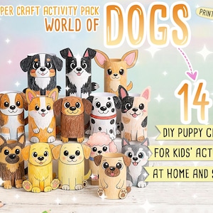 Pu&ograve; includere: Un kit di attivit&agrave; manuali in carta intitolato World of Dogs con 14 modelli di cuccioli in PDF stampabile. L'immagine mostra vari personaggi di cani colorati realizzati con tubi di carta, tra cui un dalmata, un carlino e un husky per bambini.