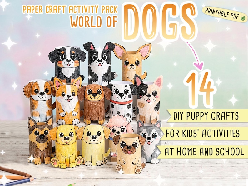 Pu&ograve; includere: Un kit di attivit&agrave; manuali in carta intitolato World of Dogs con 14 modelli di cuccioli in PDF stampabile. L'immagine mostra vari personaggi di cani colorati realizzati con tubi di carta, tra cui un dalmata, un carlino e un husky per bambini.