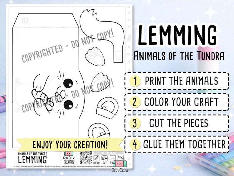 Lemming 3D Printable Paper Craft | Printable Animal Craft for Kids | Arctic Wildlife | Preschool Fine Motor Habitat Project | 3D Papercraft image 2