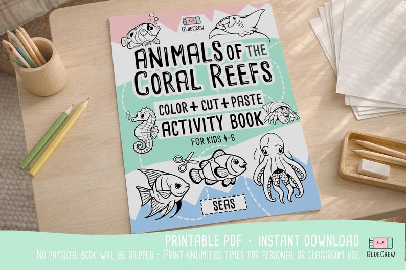 Animals of the Coral Reefs, learning binder and cut and paste, coral reef animals, kindergarten prep and coloring pages, Printable (PDF) afbeelding 3