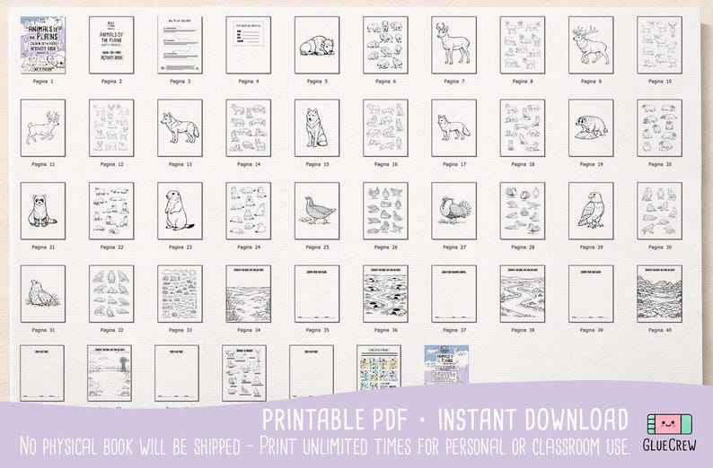 all the pages included in the Animals of American Plains Kids Activity Book, Color & Cut and Paste, Preschool Coloring Printable Worksheets (PDF)