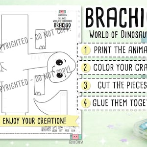 May include: A black and white printable craft sheet featuring a Brachio dinosaur outline with separate body parts. The text reads BRACHIO WORLD OF DINOSAURS, 1 PRINT THE ANIMALS, 2 COLOR YOUR CRAFT, 3 CUT THE PIECES, 4 GLUE THEM TOGETHER, and ENJOY YOUR CREATION.